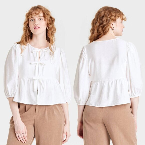 a new day Tops - Medium - Womens Balloon 3/4 Sleeve Blouse - A New Day - White